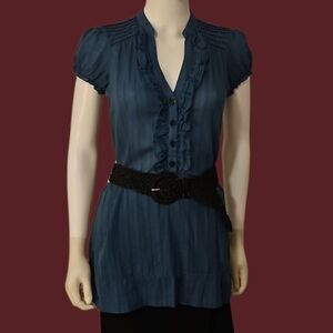 Vtg FANG Blue Ruffled Belted Striped Pintucked Babydoll Short Sleeve Tunic